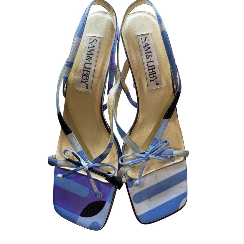 Vintage 90s Sam & Libby Purple Blue Striped Bow Slingback Chunky Heels Size 8.5M